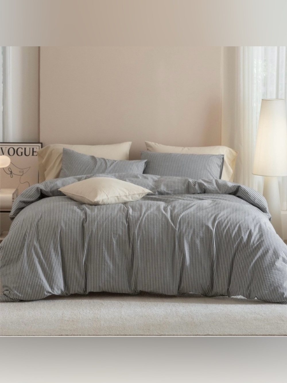 FULL Striped Duvet 3 Pc Set 100% Washed Cotton - DARK GRAY with WHITE STRIPE